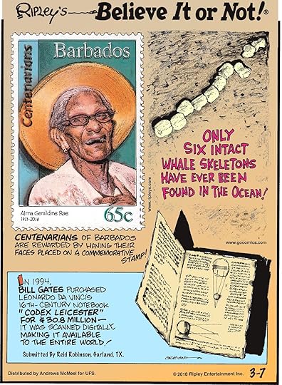 Centenarians of Barbados are rewarded by having their faces placed on a commemorative stamp!-------------------- Only six intact whale skeletons have ever been found in the ocean!-------------------- In 1994, Bill Gates purchased Leonardo Da Vinci's 16th-century notebook 