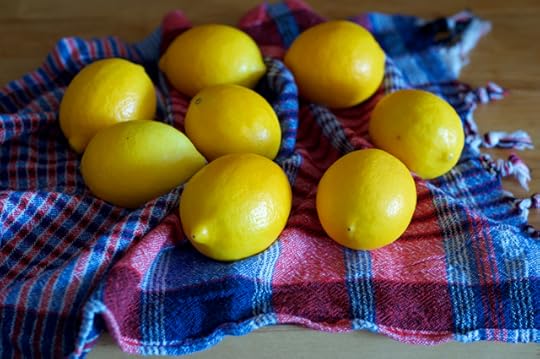 A grouping of lemons on a kitchen towel for lemon confit