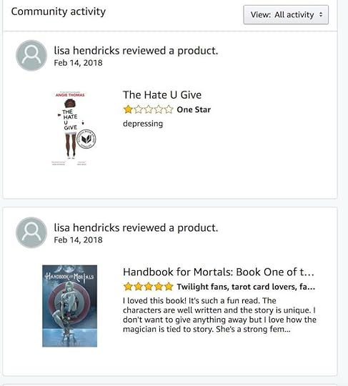 A screenshot of two Amazon reviews. The first is for Angie Thomas's The Hate U Give, with one star and 
