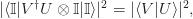 |\langle\mathbb I |V^\dagger U \otimes \mathbb I |\mathbb I\rangle|^2 = |\langle V | U\rangle|^2,