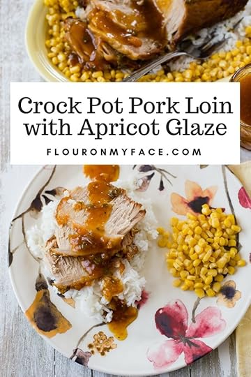 Crock Pot Pork Loin with Apricot Glaze recipe served on a bed of white rice with corn.