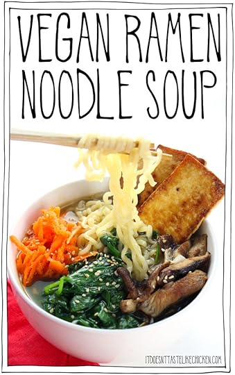 Vegan Ramen Noodle Soup! Toss out those flavour packets and instead make this easy weeknight meal. With fresh veg, sautéd mushrooms, crispy tofu slices, and ramen noodles in hot broth. #itdoesnttastelikechicken #veganrecipe #ramen #vegansoup