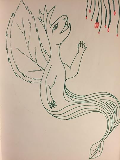 Half leaf half wood dragon in green reaching for a red flower petal