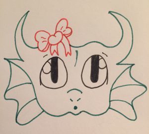 Little green dragon with huge eyes -- head only