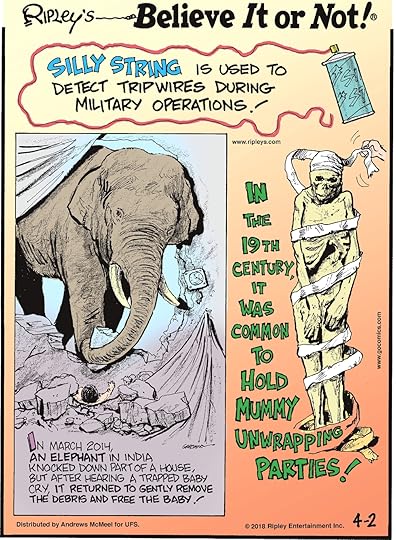 Silly string is used to detect tripwires during military operations!-------------------- In March 2014, an elephant in India knocked down part of a house, but after hearing a trapped baby cry, it returned to gently remove the debris and free the baby!-------------------- In the 19th century, it was common to hold mummy unwrapping parties!