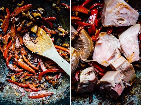 Lots of flavor from mushroom, garlic, pepper and onion. Jackfruit pieces will slowly break into in a fleshy, stringy texture after cooking for 20 minutes.