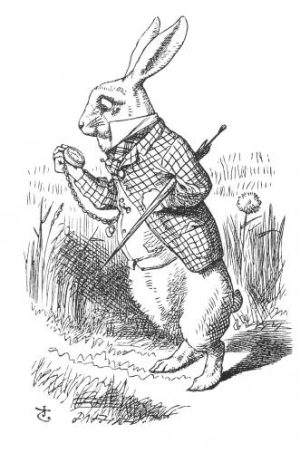 The White Rabbit checks his pocket watch an illustration from Alice in Wonderland by John Tenniel
