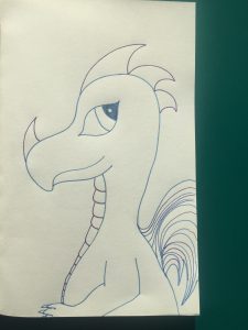 Blue and purple dragon for Mom, one eye looking up