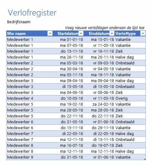 vakantieplanning maken in excel via verlofregister