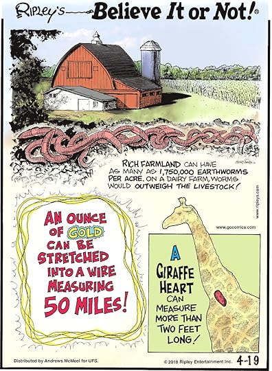 Rich farmland can have as many as 1,750,000 earthworms per acre. On a dairy farm, worms would outweigh the livestock!-------------------- An ounce of gold can be stretched into a wire measuring 50 miles!-------------------- A giraffe heart can measure more than two feet long!