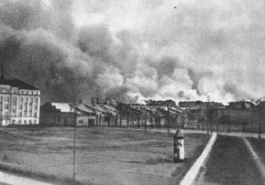 Burning buildings in the Warsaw Ghetto, late Apr 1943 (public domain via WW2 Database)