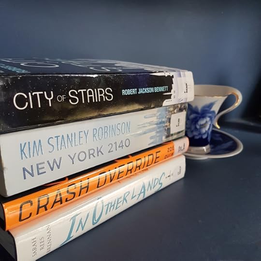 Dewey's readathon, City of Stairs, Robert Jackson Bennett, Kim Stanley Robinson, New York 2140, Crash Override, Zoe Quinn, In Other Lands, Sarah Rees Brennan