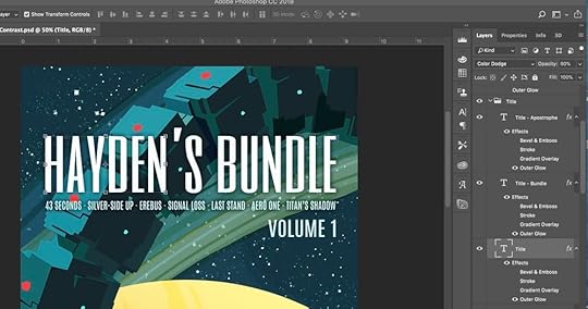  Text layers at right. Outer glow is enabled for the letters, but is set to a dark color, creating a shadow to enhance legibility. 