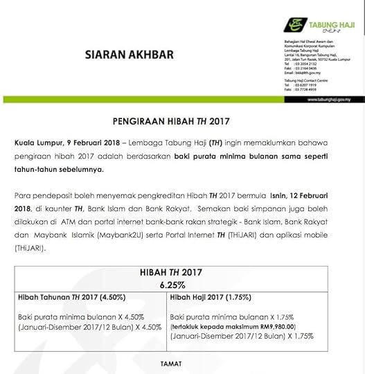 pengumuman kenyataan media perubahan kaedah pengiraan hibah tabung haji 2017