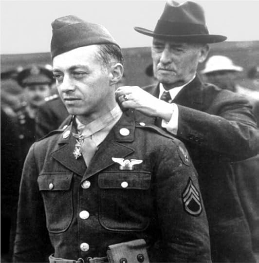 Secretary of War Henry Stimson awarding the Medal of Honor to Staff Sgt. Maynard “Snuffy” Smith of 306th Bombardment Group, 12 July 1943 (US Army Air Force photo)