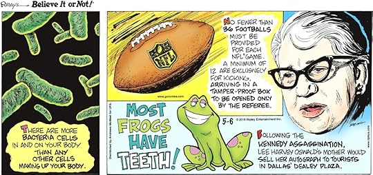 There are more bacteria cells in and on your body than any other cells making up your body.-------------------- No fewer than 36 footballs must be provided for each NFL game. A minimum of 12 are exclusively for kicking, arriving in a tamper-proof box to be opened only by the referee.-------------------- Most frogs have teeth!-------------------- Following the Kennedy assassination, Lee Harvey Oswald's mother would sell her autograph to tourists in Dallas' Dealey Plaza.