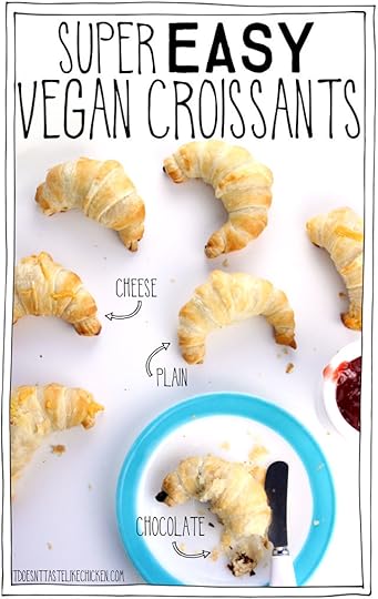Super Easy Vegan Croissants! This recipe hack uses store-bought puff pastry to make the worlds easiest croissants. You can enjoy them plain, stuffed with chocolate, or dairy-free cheese. Serve them warm out of the oven for brunch or breakfast. #itdoesnttastelikechicken #veganrecipes #croissants #veganbaking