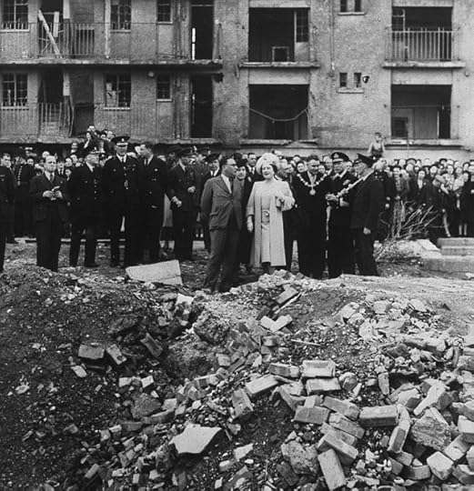 King George VI and Queen Elizabeth visit the East End, the site of the last V-2 to fall on London on 27 Mar 1945, visiting on 4 Oct 1945 (United Kingdom National Archives)