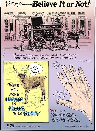 The first vacuum was so large it had to be transported in a horse-drawn carriage!-------------------- There are more reindeer in Alaska than people!-------------------- The nail on your middle finger grows the fastest, while your thumbnail grows the slowest!