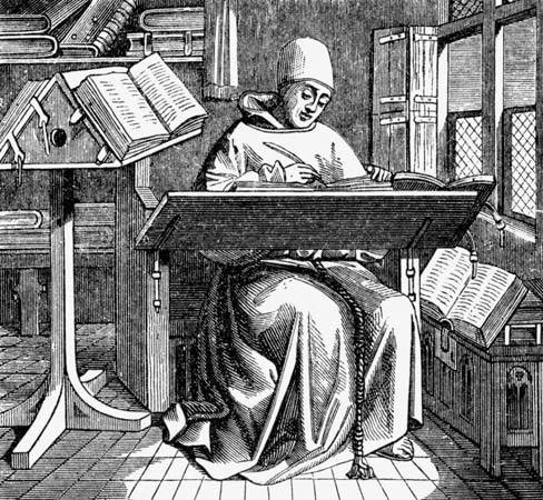 Mediaeval woodcut of a monk writing in a scriptorium.