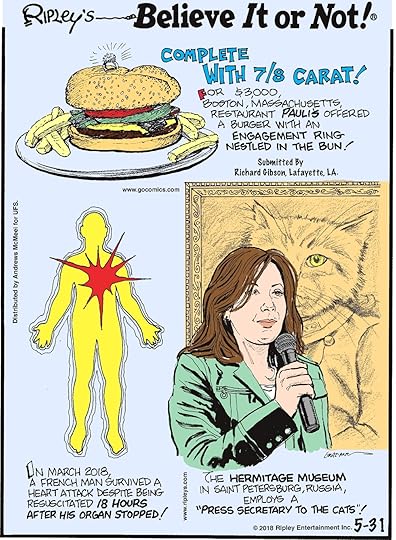 For $3,000, Boston, Massachusetts restaurant Pauli's offered a burger with an engagement ring nestled in the bun! Submitted by Richard Gibson, Lafayette, LA.-------------------- In March 2018, a French man survived a heart attack despite being resuscitated 18 hours after his organ stopped!-------------------- The Hermitage Museum in Saint Petersburg, Russia employs a 