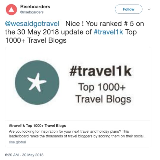 Lisa Niver is #5 on top 1000 Travel blog List