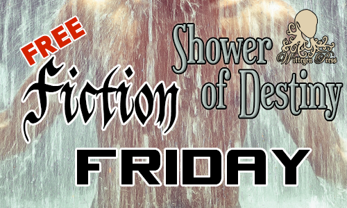 Male torso in shower of water - Shower of Destiny over top.