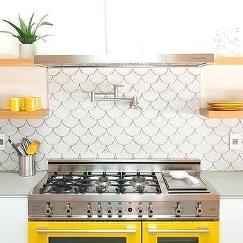 yellow backsplash tile white and kitchen with stove subway