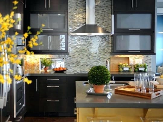 yellow backsplash tile kitchen cherry cabinets wall mounted range hood origami inspired dining chair white teak wood mini bar stool mosaic glass and grey