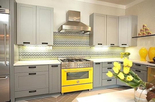yellow backsplash tile modern gray kitchen slide in range and vases cabinets colorful pattern river granite with glass