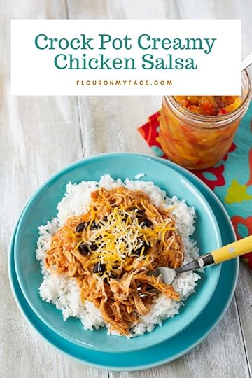 Crock Pot Creamy Chicken Salsa recipe served ovr white rice in a teal bowl with homemade salsa in a jar