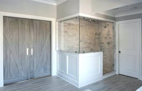 wood tile bathroom shower amazing features gray sliding barn doors next to walk in accented with marble subway surround and rain head over like tiled dark ba