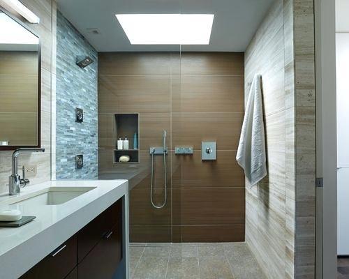 wood tile bathroom shower mid sized trendy brown and porcelain floor gray photo dark