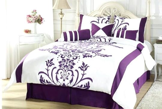 purple and white bedding paint the wall in a color make sitting area broom with sofas carpet to complement themed black damask