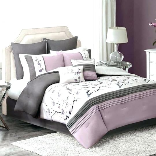 purple and white bedding grey bedroom wooden desk baby bed shelving chandelier comforter