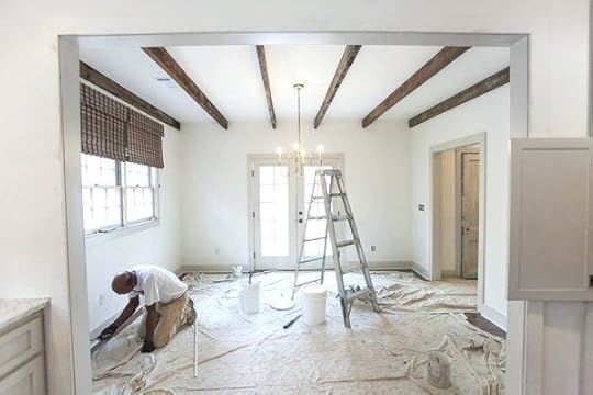 ashley gilbreath home rustic beams revere pewter gray trim white dove walls hgtv