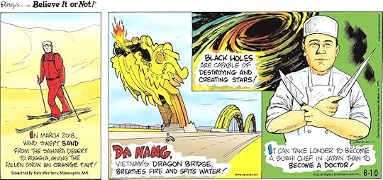 In March 2018, wind swept sand from the Sahara Desert to Russia, giving the fallen snow an orange tint! Submitted by Nate Westbury, Minneapolis, MN.-------------------- Da Nang, Vietnam's dragon bridge, breathes fire and spits water!-------------------- Black holes are capable of destroying and creating stars!-------------------- It can take longer to become a sushi chef in Japan than to become a doctor!