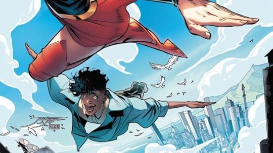 Portion of cover of Supergirl vol 7 issue 19 showing Supergirl and Lee Serrano flying above National City