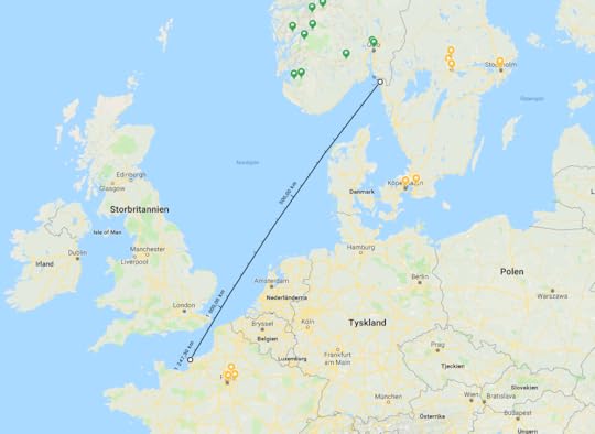 Sail from Sweden to France in straight line map