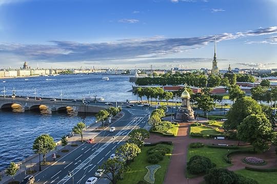 Panoramic view of Saint Petersburg with water and bridge, Russia from height. Summer sunset urban aerial view of St Petersburg landmarks