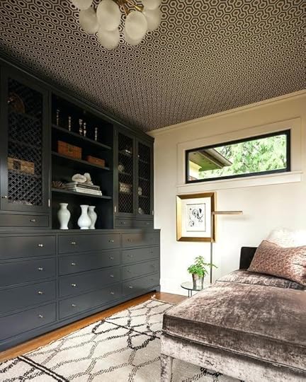 lattice ceiling home office with hicks hexagon wallpaper on wood