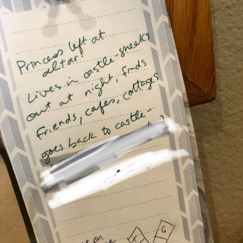 Evidence of the dream-notes that would become a book. Spoilers whited out.