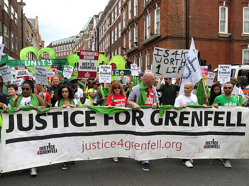 Justice for Grenfell banner, Westminster