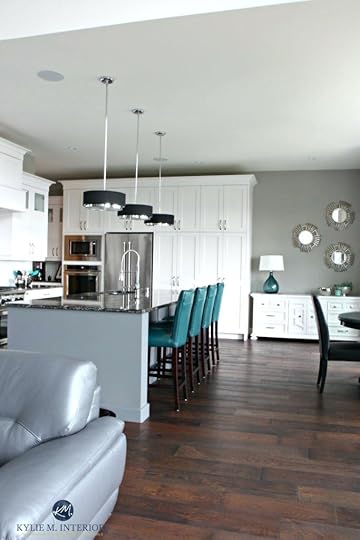 dorian gray paint color open layout white with painted island teal accents sherwin williams