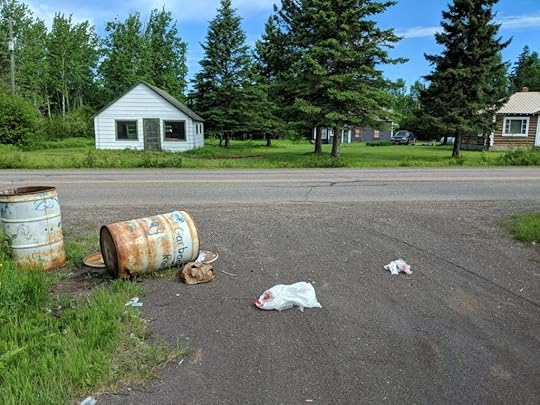A driveway. Across the street are two small cabins. At the end of the driveway are two large oil barrels that have been repurposed as trash cans. The lids are off both and one is turned on its side. Garbage is strewn across the end of the driveway.