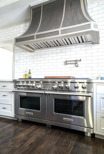 zinc range hood french kitchen with satin nickel swing arm pot filler custom hoods