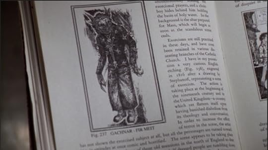 A page of the book with a woodcut-like drawing of Gachnar. He is covered in spikes, has long claws, and antler-like things sticking up off his giant head. The text around the picture is clearly English.