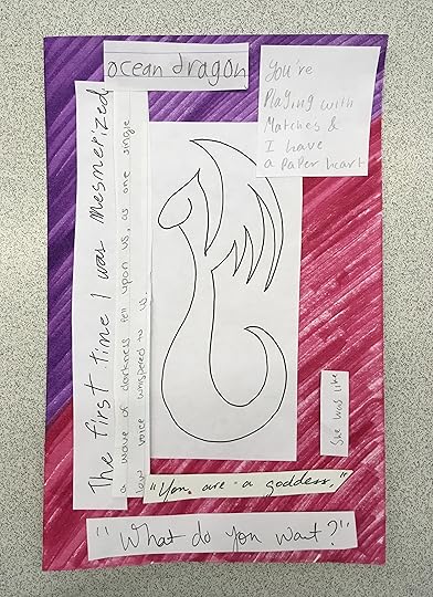 Dragon on pink and purple background with random lines of text all over page 