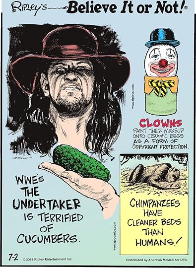 WWE's The Undertaker is terrified of cucumbers.-------------------- Clowns paint their makeup onto ceramic eggs as a form of copyright protection.-------------------- Chimpanzees have cleaner beds than humans!