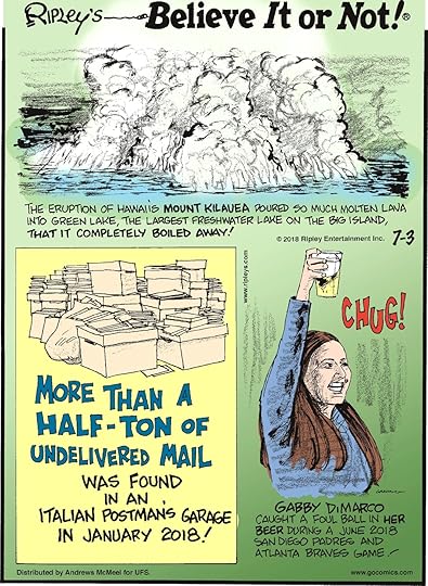The eruption of Hawaii's Mount Kilauea poured so much molten lava into Green Lake, the largest freshwater lake on the big island, that it completely boiled away!-------------------- More than a half-ton of undelivered mail was found in an Italian postman's garage in January 2018!-------------------- Gabby DiMarco caught a foul ball in her beer during a June 2018 San Diego Padres and Atlanta Braves Game!